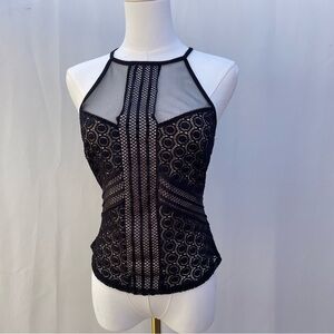 Olive Tree‎ Black Lace Mesh Halter Top Size L Sheer Going Out Top